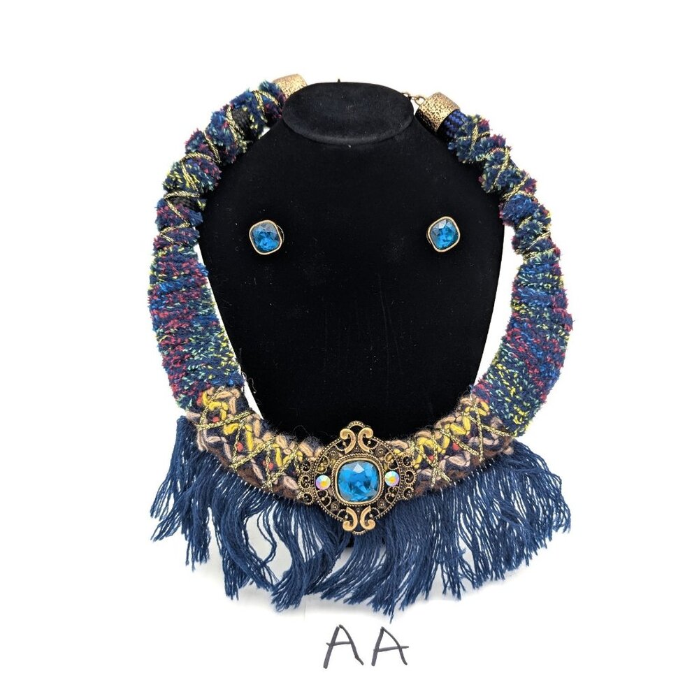 Vintage Victorian Revival Necklace Handmade Fiber Macrame Rhinestone Fringe Stud